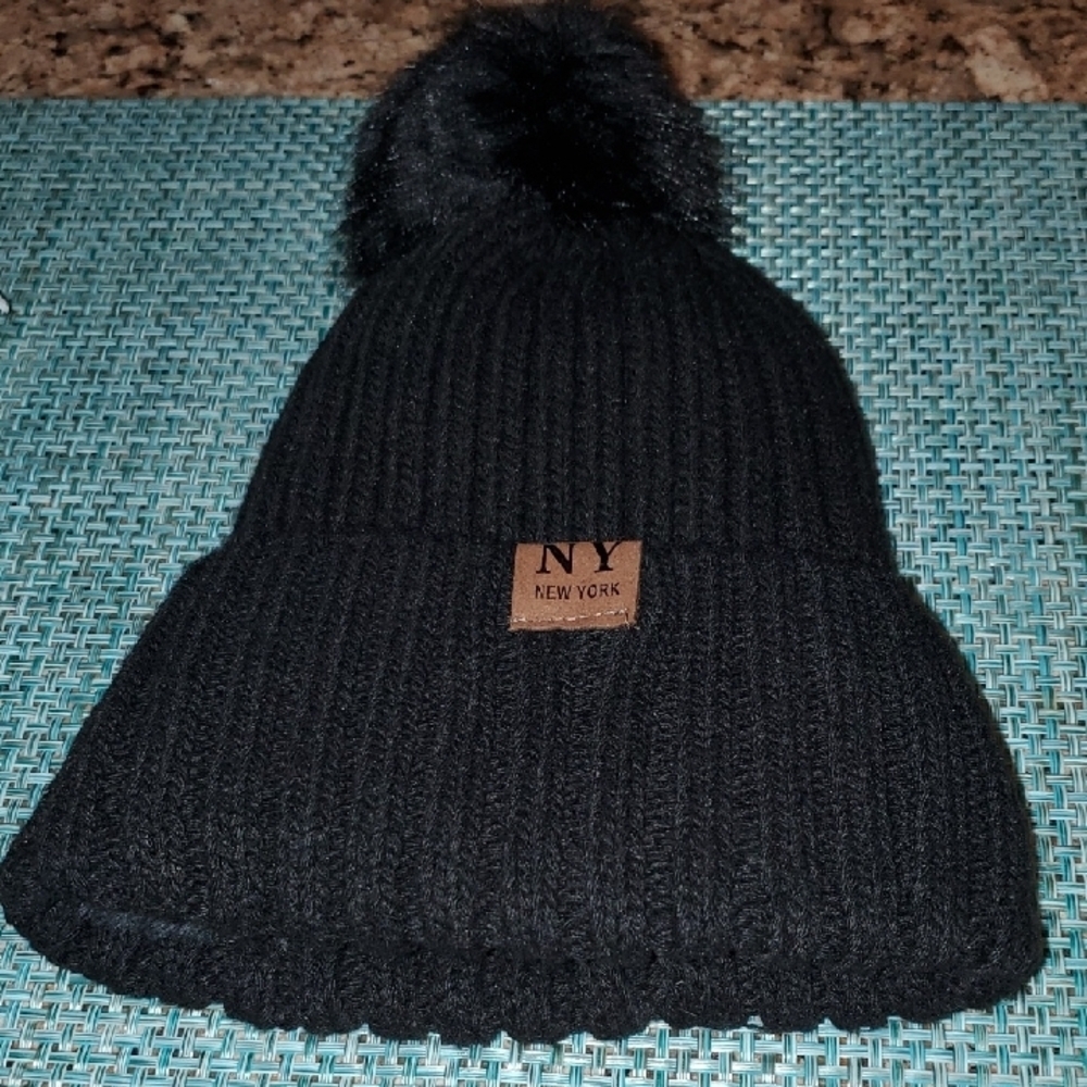 NY New York Black Knit Beanie with Pom Pom
